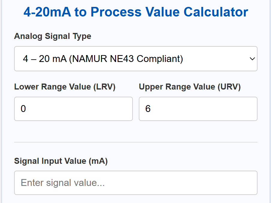 4-20mA input signal to process value calculator